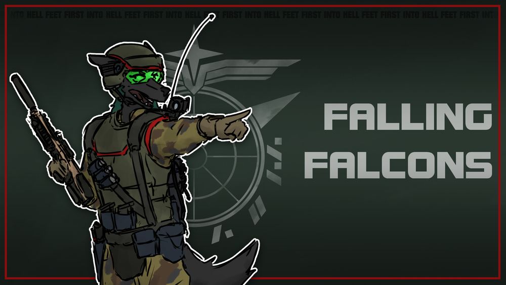 My Vulpkanin (anthro fox aliens in Space Station 14) marine, Vicky Konecheck, in combat armor, holding a rifle in one hand and pointing with the other, presumably barking orders. To the right of her is "Falling Falcons" in large text.