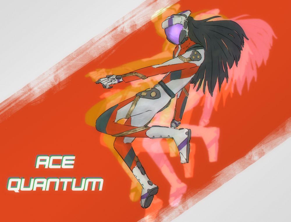 Ace Quantum, a superhero with the power to shift themselves around reality. They wear something akin to a racer's tracksuit lined with golden cables. Long black hair flows freely out of their helmet.