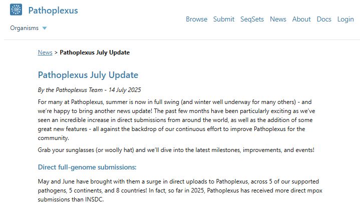 Screenshot of the July Update News article on the Pathoplexus website
