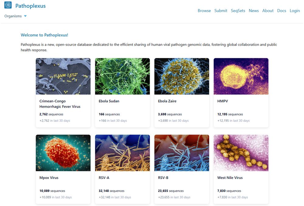 Screenshot of the homepage of Pathoplexus, showing tiles to navigate to the supported pathogens CCHF, Ebola Sudan, Ebola Zaire, HMPV, Mpox, RSV-A, RSV-B, and West Nile virus.