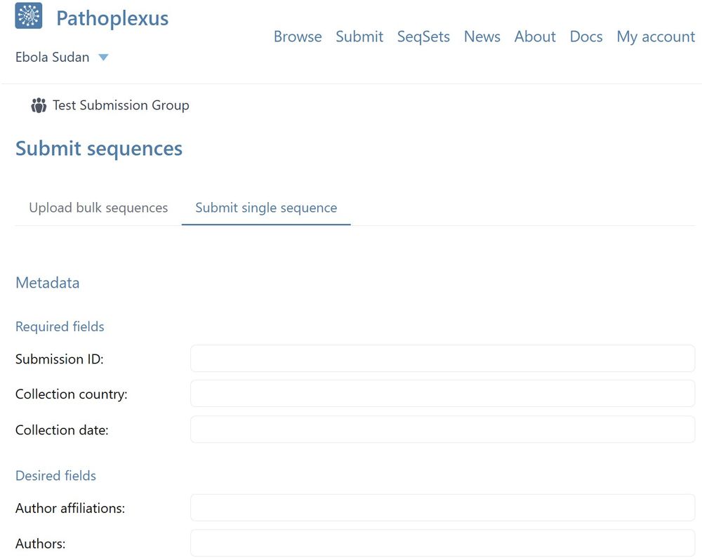 A screenshot of the pathoplexus website, showing a form where you can upload a single sequence by filling in the fields. 