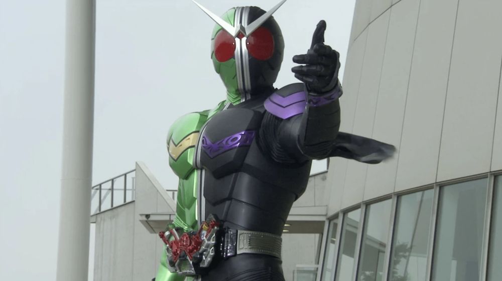 Kamen Rider W in Cyclone Joker form.