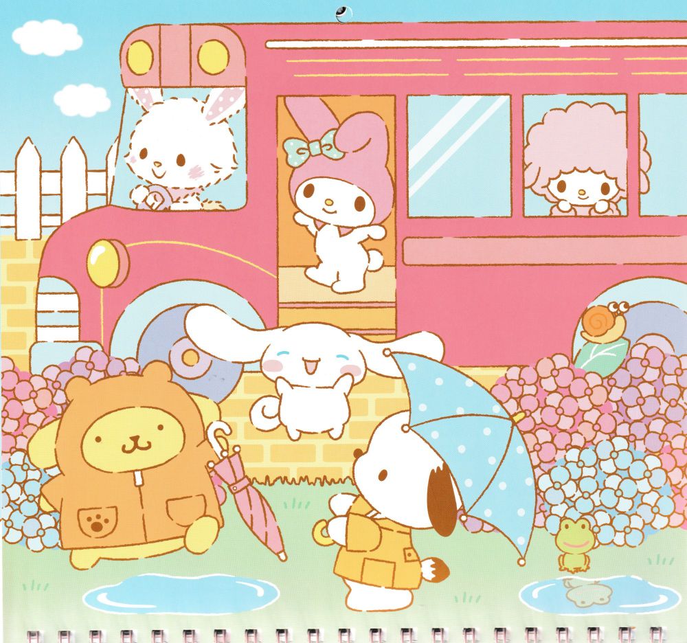sanrio picture of them in the rain and a bus
