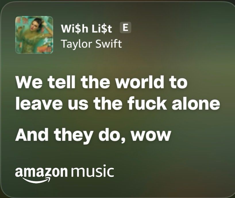 Lyrics from Taylor swift’s “wi$h li$t”

We tell the world to leave us the fuck alone
And they do, wow