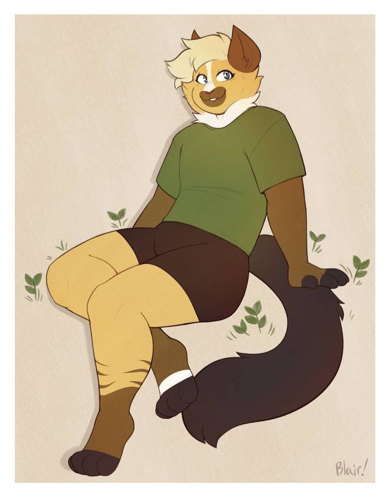 Cat Shiloh wearing a green shirt and black shorts, sitting amongst sprouts - art by cakecauldron