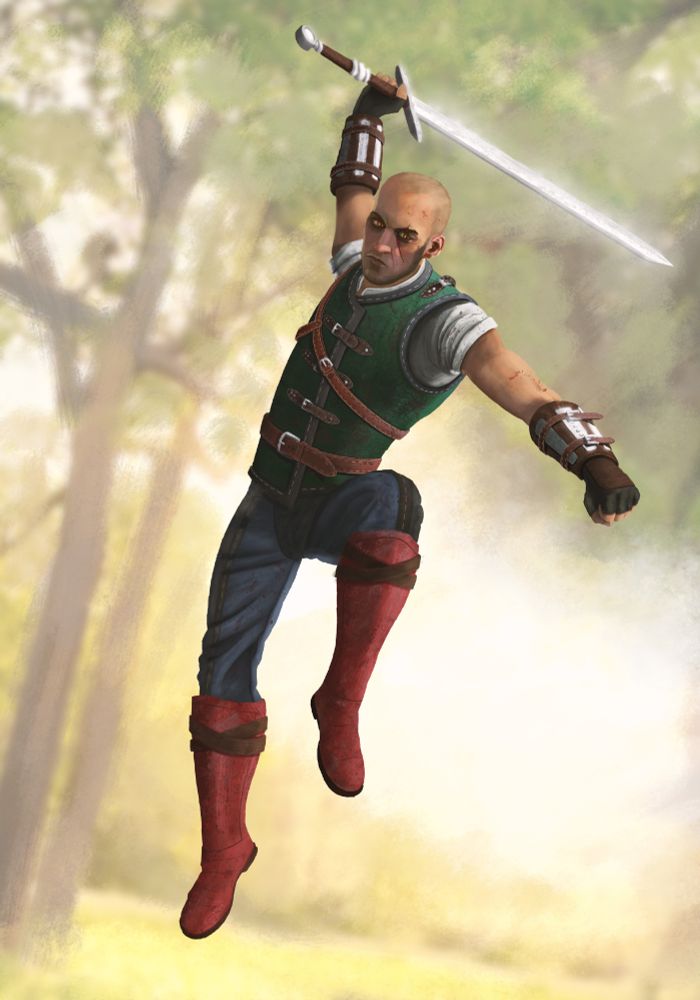 Painting of the Cat School witcher Gaetan from The Witcher 3: Wild Hunt shows him leaping in the air with his sword held behind his head, ready to be swung.