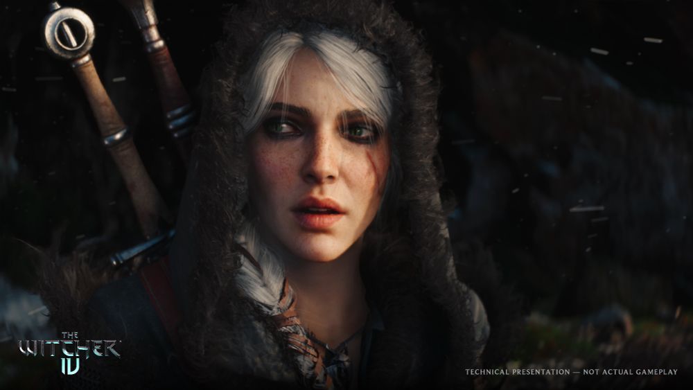 Screenshot from The Witcher 4 Unreal Engine 5 Tech Demo shows a close-up of Ciri wearing her hood up, looking off in the distance. Her two swords can be seen on her back. The Witcher 4 logo is printed in the bottom left corner alongside text that reads, “Technical Presentation — Not Actual Gameplay.”