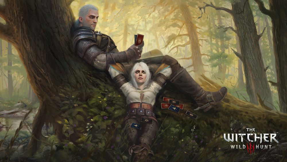 Artwork shows Geralt of Rivia resting against a tree while Ciri rests against him. Geralt is holding two Gwent cards in his hand, while several more are scattered next to and on Ciri. She lies with her hands behind her head against Geralt’s leg, with green leaves and purple flowers around her.