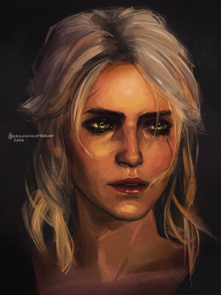 Portrait of Ciri from The Witcher 3: Wild Hunt. Her ashen hair is slightly unruly as she looks towards something out of frame. Artist’s handle is printed on the left: @‌keenanmcateerart.