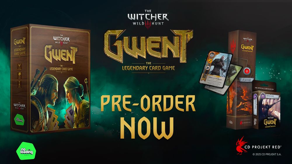 Green and black graphic shows The Witcher 3 Wild Hunt logo above that of Gwent The Legendary Card Game. The game box can be seen alongside accessories including the Monsters Playmat and Skellige Card Sleeves. Text reads, “Pre-Order Now.”