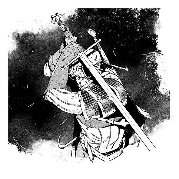 Black-and-white drawing of Geralt from The Witcher 3. He holds his sword above his head with the blade angled downward, protecting his body. Geralt's face is tilted down, his eyes glaring from behind the sword. The background is an inky black.