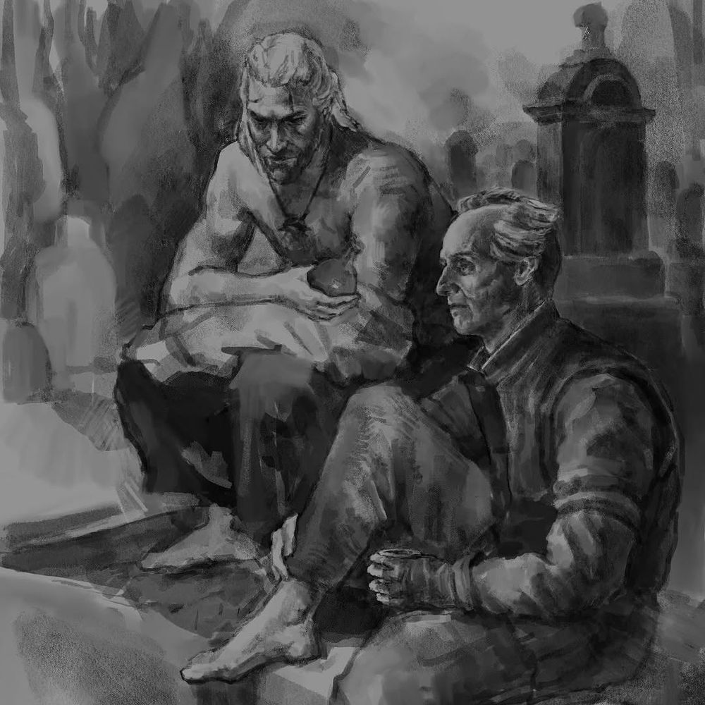 Black and white sketch of Geralt of Rivia and Regis, sitting talking in a graveyard. Geralt is shirtless, and sits with his Wolf School medallion around his neck and a bottle in his hand on a raised platform. Regis sits next to and below him with a cup in one hand.