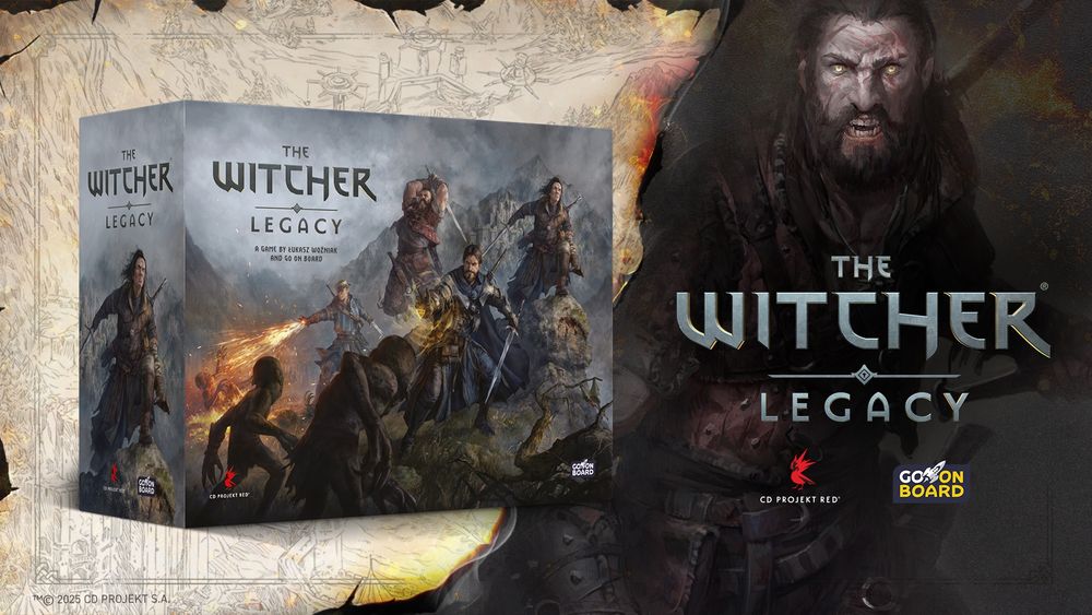Box artwork for The Witcher Legacy board game, which depicts various witchers fighting against monsters on a foggy mountain peak. Text on the box reads, “A Game by Łukasz Woźniak and Go On Board”. Behind the box artwork is a brunette long-haired witcher with a sword in hand. His eyes glow yellow and his face is covered in scars. The promotional graphic contains the logos of CD Projekt Red and Go On Board.