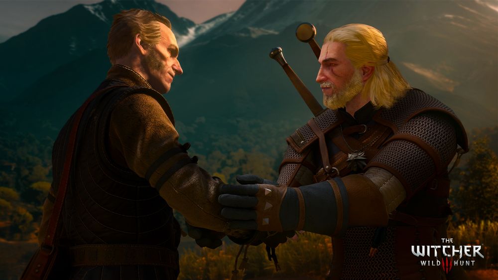 Digital photography of Geralt of Rivia and Emiel Regis shaking hands while making eye contact. The mountains of Nilfgaard can be seen in the background, while The Witcher 3: Wild Hunt logo is stamped in the bottom right corner.