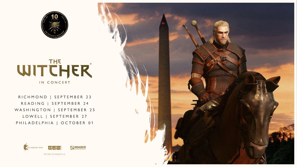 Geralt of Rivia from The Witcher 3: Wild Hunt rides Roach the horse against a modern city background, with a tall building. The Witcher in Concert logo in gold alongside key dates: Richmond September 23, Reading September 24, Washington September 25, Lowell September 27, Philadelphia October 01.