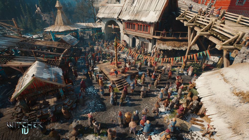 A screenshot from The Witcher 4 Unreal Engine 5 Tech Demo shows the busy market of Valdrest with hundreds of NPCs crowding around a stage. On stage stands performers, with fire-eaters, jugglers, musicians, and so on putting on a show.