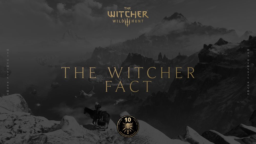 Black and white screenshot of Geralt of Rivia riding his horse Roach along the mountains of Skellige, with a deep ocean with sunken ships in the background. Glagolitic script is placed either side either side of the image, alongside The Witcher 3: Wild Hunt logo in gold and the 10th Anniversary badge. Text reads, “The Witcher Fact”