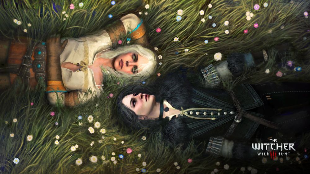 Yennefer of Vengerberg and Ciri lie in a field of wild grass and flowers, facing different directions but with their heads next to one another.
