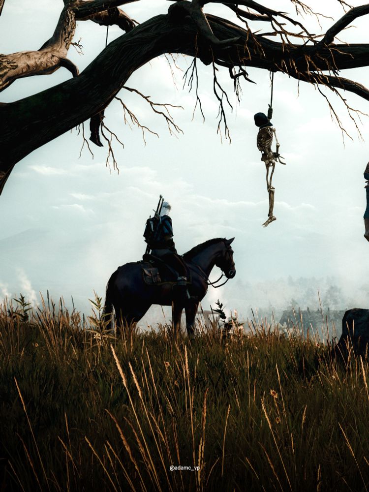 A single skeleton with a hood across its face hangs from a noose tied to the branches of a large, barren tree. Underneath, Geralt of Rivia sits atop his horse Roach, a lush golden field growing around him.