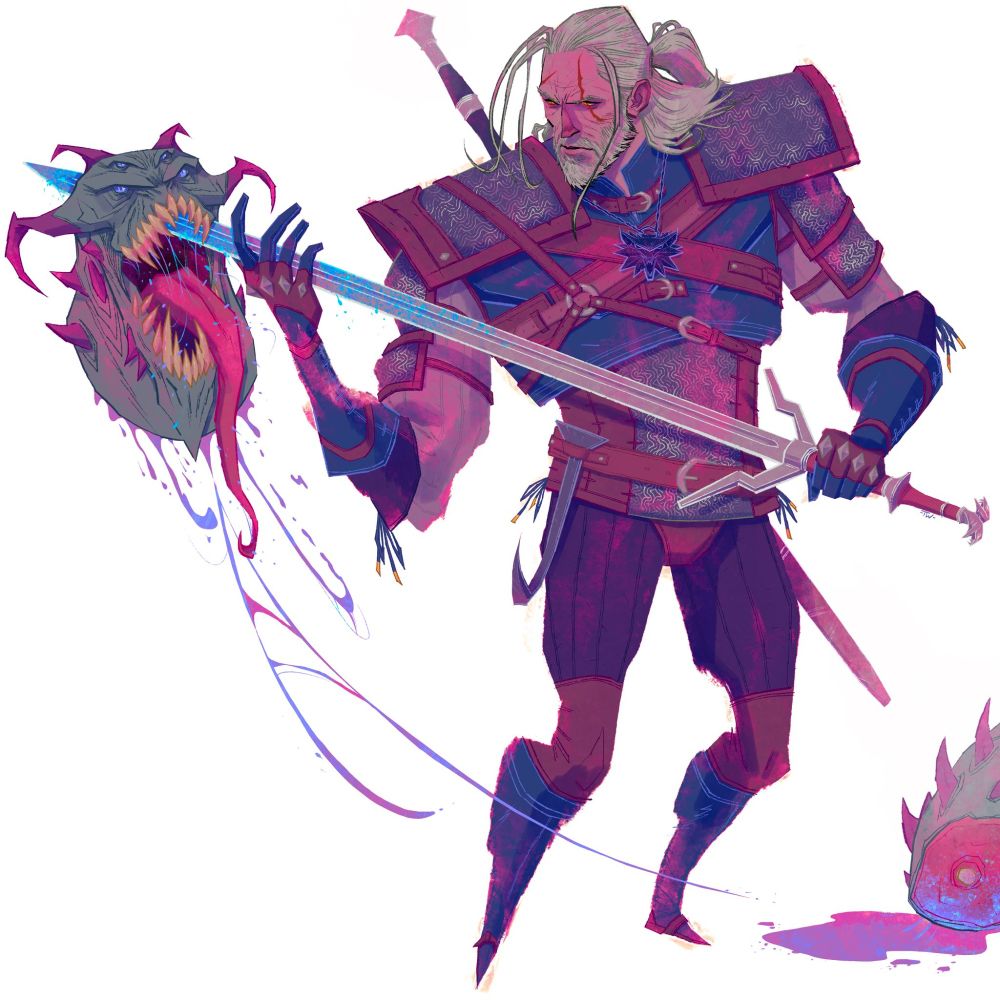 A stylized illustration of Geralt of Rivia with broad shoulders and a tapering body that ends in small, pointed feet. He sweeps a sword up towards his face, the tip of its blade impaled on the severed head of a four-eyed monster with a long, slobbering tongue.