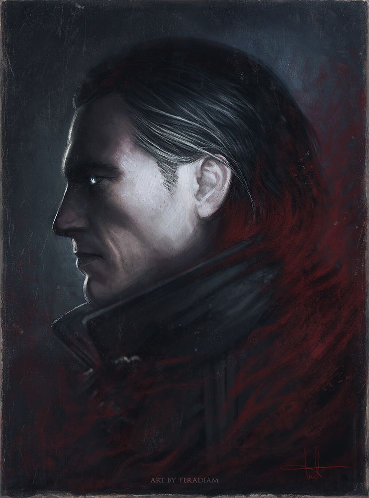 Painting of Dettlaff van der Eretein from The Witcher 3: Wild Hunt - Blood and Wine. He looks to the left in profile against a black-grey background, with a stern look and pupils glowing in the light. Streaks of red surround him. Text at the base reads, “Art By Teradiam”