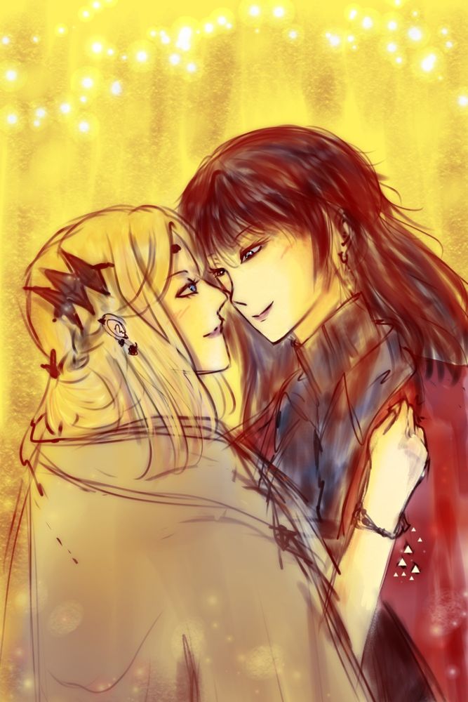 Eirene and F!Chief from Path to Nowhere.
They are wearing each other's coat/cape.
(Eirene's present is a day with Chief 😂)