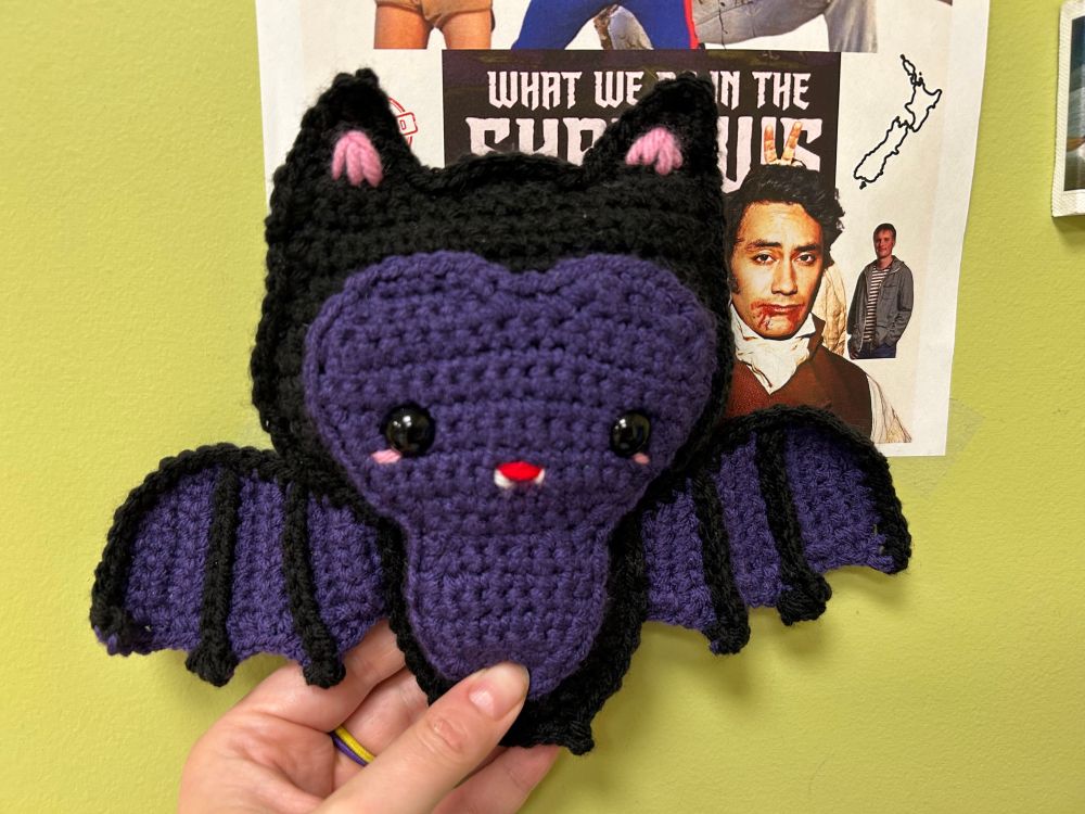 A photo of a black and pink crocheted bat being held up next to a picture of Viago Von Dorna Schmarten Scheden Heimburg against the worst colored baby puke green wall 