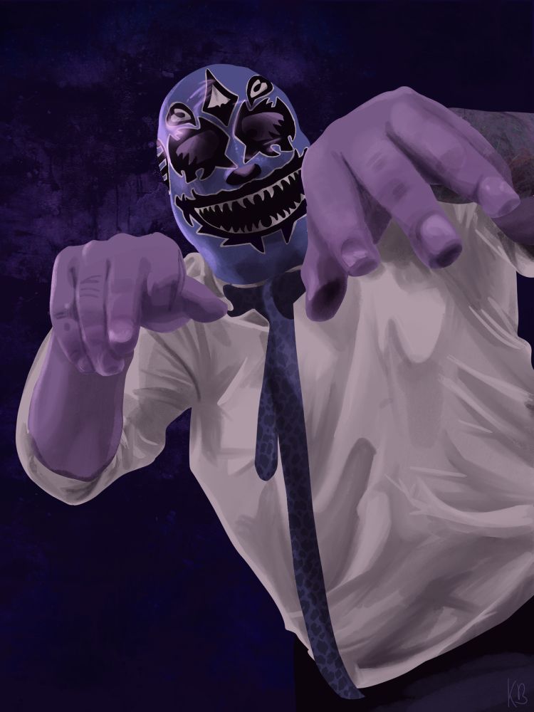 Digital painting of wrestler Evil Uno done in shades of purple. 