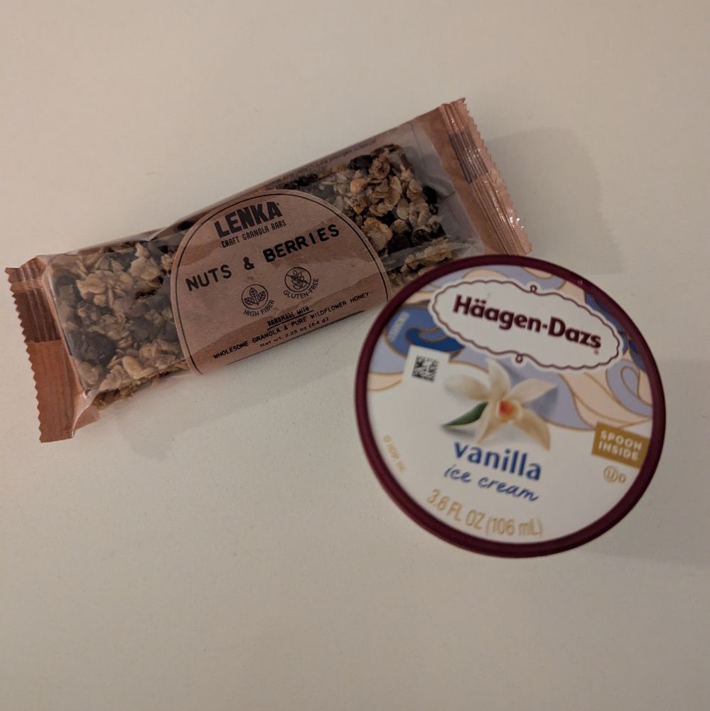 Some granola bar and a small vanilla haggen dazs