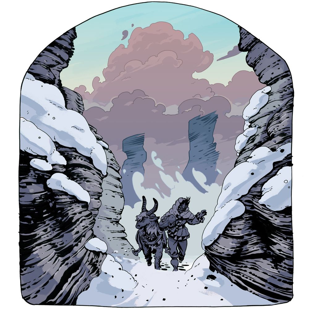 Illustration of a young woman and a goat walking through a snowy canyon, with huge pink clouds looming in the sky beyond