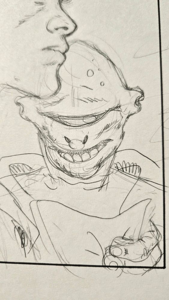 Drawing of a cyclopean mutant reading something to a normal human 