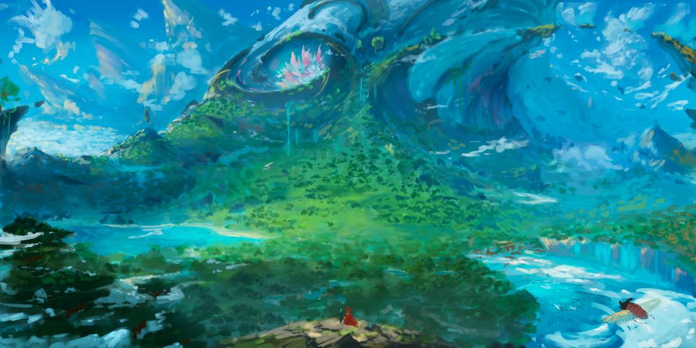 An unfinished artwork of my world Yume. It shows a wide view upon a canopy at the foot of a huge mountain. Floating rocks form an ark in the background.