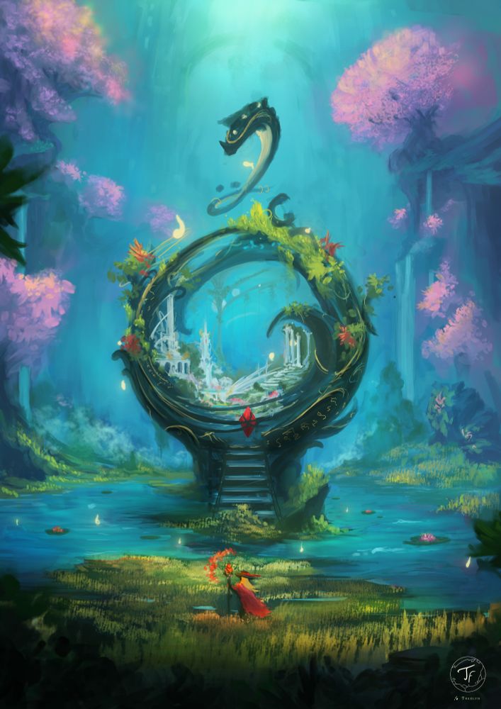 Le Monde d'avant : 
Part of my "Yume" collection - An intriguing mage character stands in front of a large sphere seemingly containing an antique city miniaturized, protected by a strange leviathan looking creature.