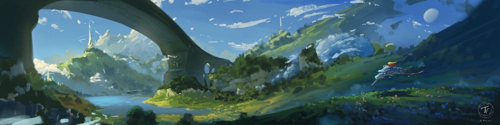 Lands that stretched on forever... ~
A very wide landscape showing greenish mountains and a small female character riding a manta ray, and looking at a magical tower in the horizon