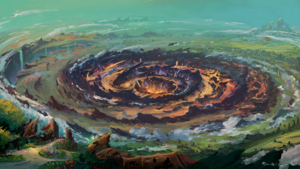 Spiral World :
 A gigantic earthly maelström swirling around in greenish tones with a molten core in the center of the world.