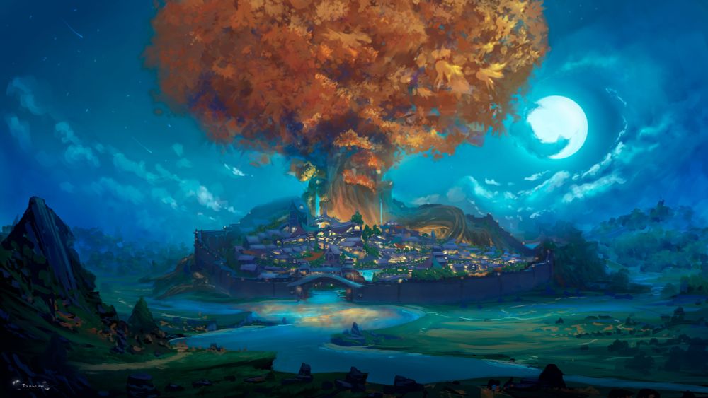 Maple Tree : A huge maple tree in a night scene, illuminated by the moonlight, and at its foot a village, with houses climbing on the trunk of it.
