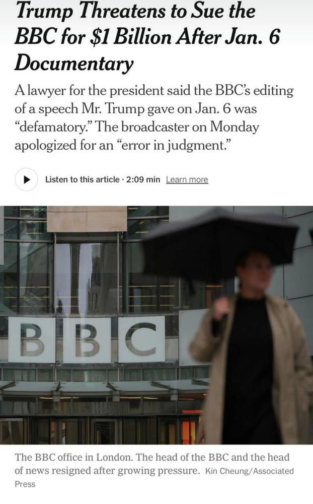 Trump Threatens to Sue the BBC for $1 Billion After Jan. 6 Documentary

A lawyer for the president said the BBC's editing of a speech Mr. Trump gave on Jan. 6 was "defamatory." The broadcaster on Monday apologized for an "error in judgment."