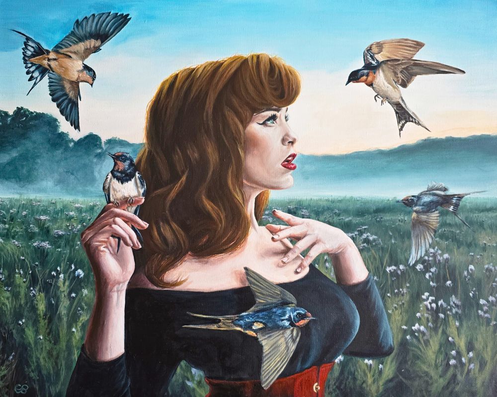 Original painting of a young redhead wearing a red corset in a misty field at dawn surrounded by swallows