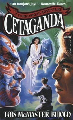 Cover for Cetaganda by Lois McMaster Bujold. Miles is kneeling in front of haut lady Rian in the background: Miles and the suspicious ghem security officer face each other down in the foreground.