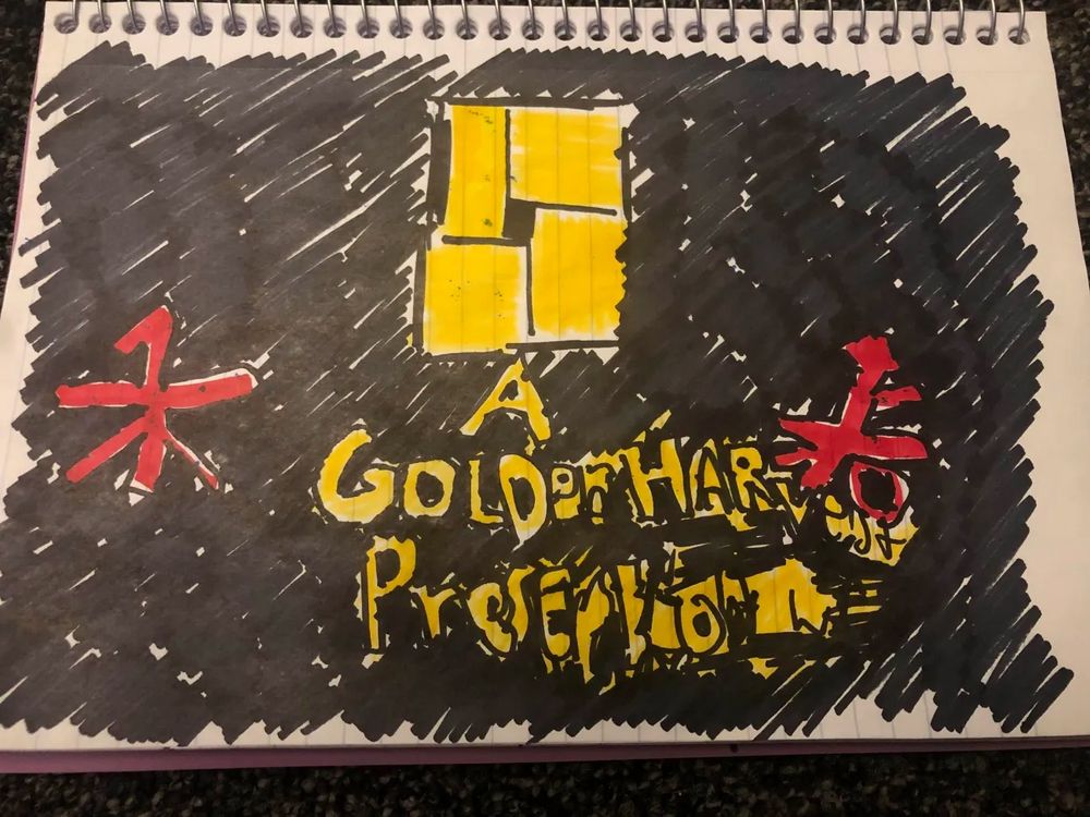 a somewhat crude reproduction of the Golden Harvest logo done in sharpie markers on a spiral bound notebook page. The letters that are supposed to say A Golden Harvest Presentation melt and deform.