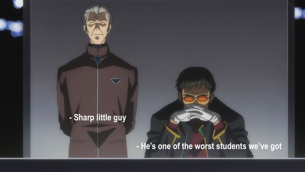 Screencap from Evangelion of Fuyutsuki and Gendo Ikari, two serious-looking adult men. Under Fuyutsuk, I've added a fake subtitle saying "Sharp little guy," and under Gendo, one saying "He's one of the worst students we've got."