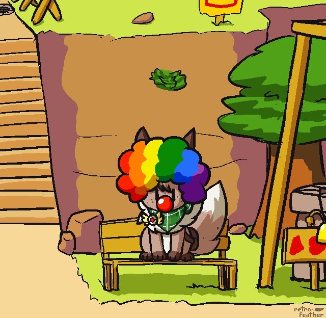 Eevee sitting at the crossroads in pokemon mystery dungeon explorers of sky, wearing a clown wig and nose 