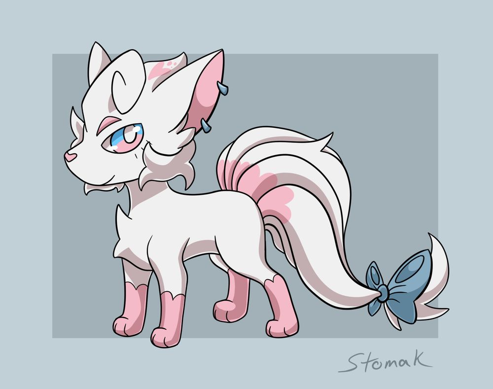 Rune, an Alolan Vulpix with pink sock markings, heart shaped tail markings, silver bow tying the tails together, and 2 earrings. from the comic On Borrowed Time