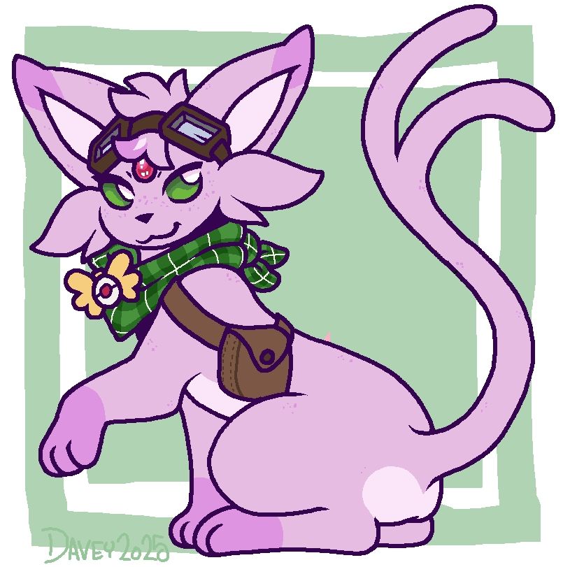 Espeon OC wearing goggles, green bandana, PMD badge, and shoulder badge 