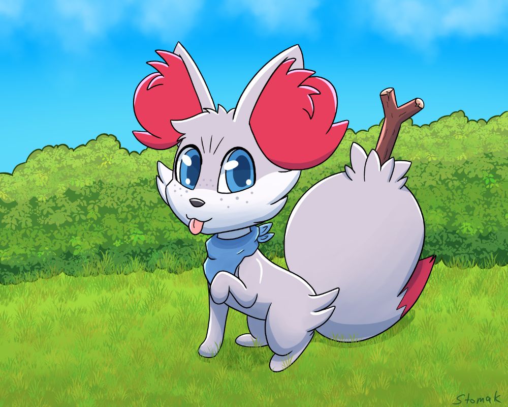 shiny fennekin OC with a bandana in a grassy bushy field tongue bleping