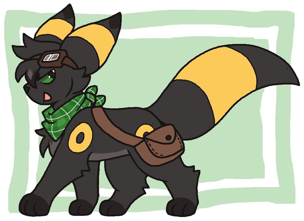 Umbreon OC wearing goggles green bandana and bag