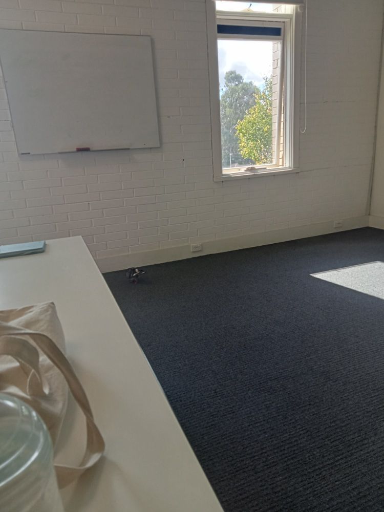 An edge of a table and a window on the 2nd floor in a classroom. A pigeon is visible near the centre, wandering around