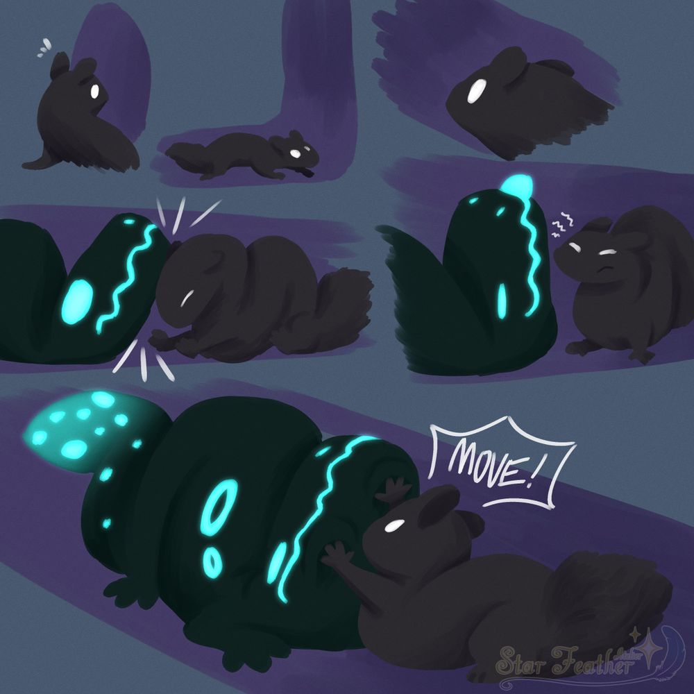 Digital art of the Watcher slug cat from Rain World running through a tunnel and bumping into a cyan lizard. The slug cat seems irritated and starts to push the lizard back while shouting for it to move.