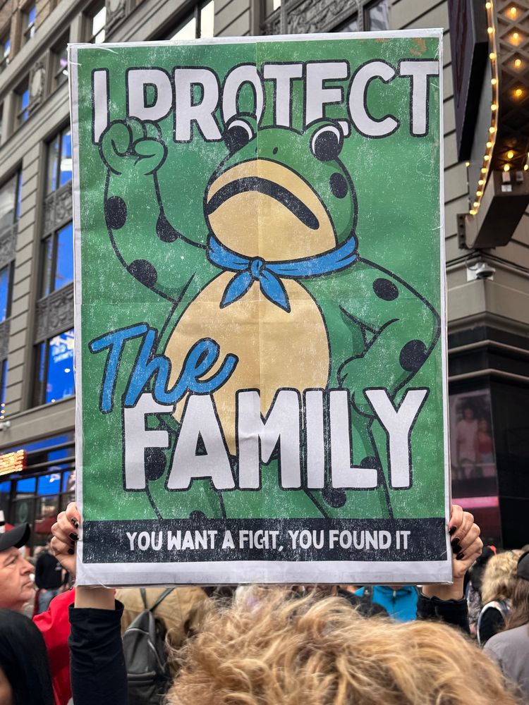 Placard of a cartoon frog wearing a bandanna around its neck. The sign reads “I protect the family. You want a fight, you found it.”