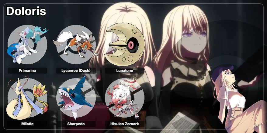 Primarina is her starter. An idol with a natural singing voice, it was a perfect fit. Milotic represents her public face, while Sharpedo is her hidden darkness. Her connection to Tomori, and Sakiko, tied by the stars gives her Lunatone. Lycanroc is her true personality that she hides, and Hisuian Zoroark is for the fact that she stole her sister's idenity to become the person she is today.
